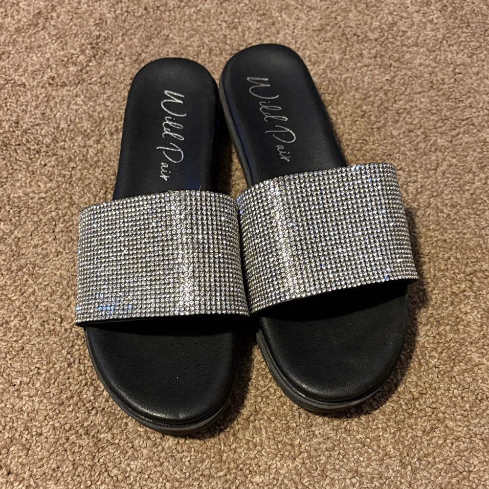 Wild Pair Black Slide Sandals with Rhinestone Strap